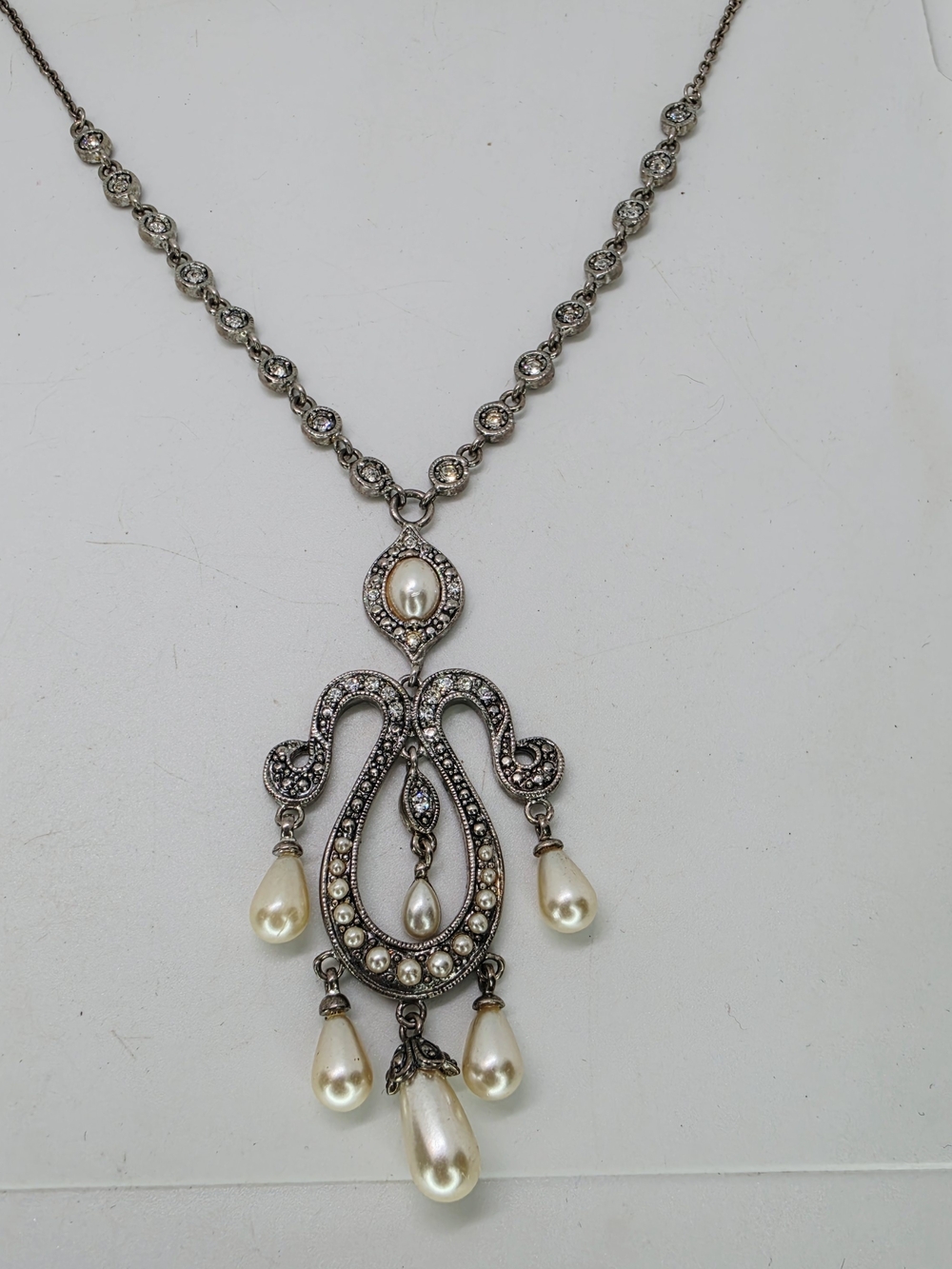 Vtg Art Nouveau Style Faux Pearl Marcasite lavalier Chandelier Pendant Necklace